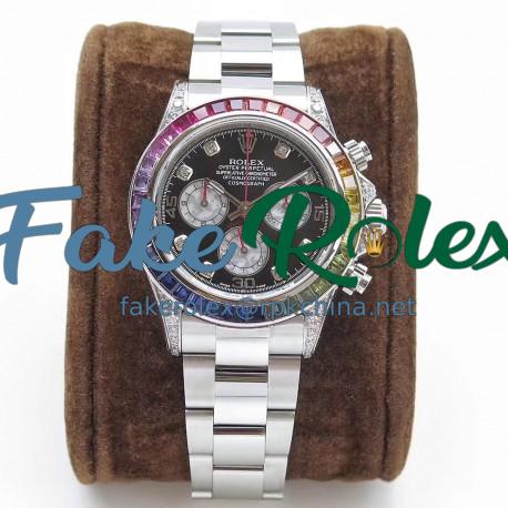 Replica Rolex Daytona Cosmograph Rainbow 116599RBOW BL Stainless Steel & Diamonds Black Dial Swiss 4130 Run 6@SEC