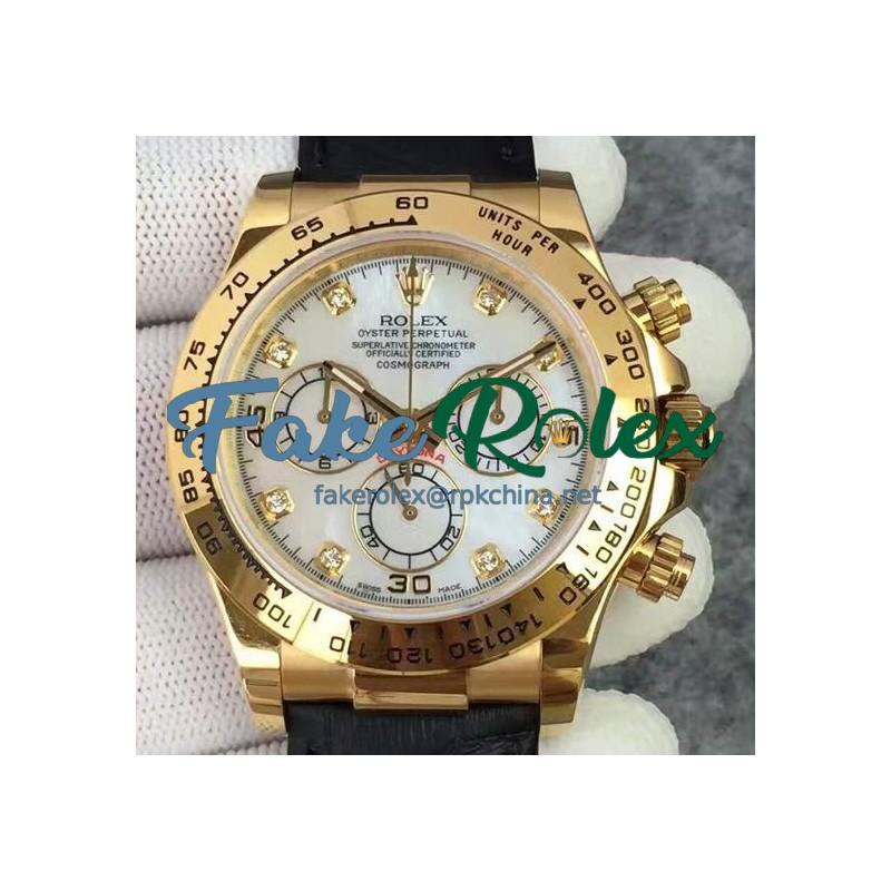 Replica Rolex Daytona Cosmograph 116518 JH Yellow Gold Diamonds & Pearl Dial Swiss 4130 Run 6@SEC